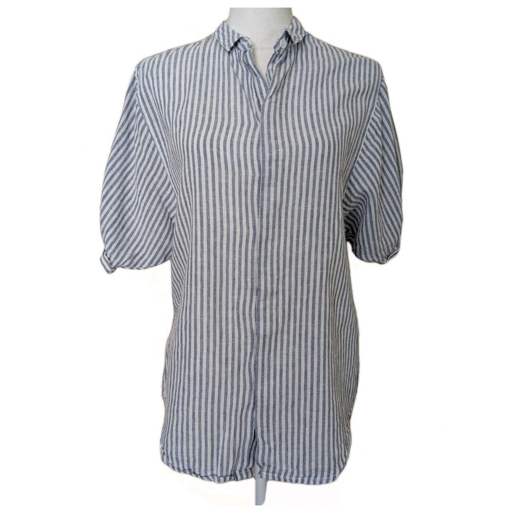 Beach Lunch Lounge Shirt Womens XS Blue White Stripe Linen Puff Sleeve Button Up